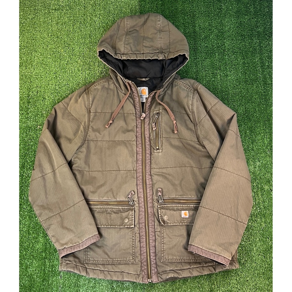 Carhartt Womens Quilted Hooded Work Jacket Olive Brown Zip Up 100667 M 8/10